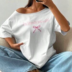 SHEIN Curve 1X White Off Shoulder Short Sleeve Graphic T Shirt Pink Bow Front